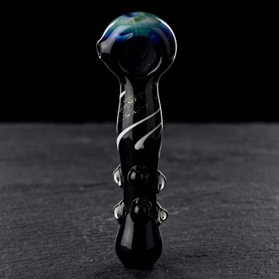 6" Black w/ Cobalt Fume & Dichro Accent Hand Pipe on dark slate surface - Oil Slick Pad
