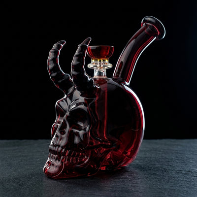6" Pomegranate Demon Skull Dewar Bong on dark slate surface - Oil Slick Pad
