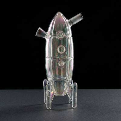 6.5″ Iridescent Sculpted Rocket Joint Bubbler on dark slate surface - Oil Slick Pad