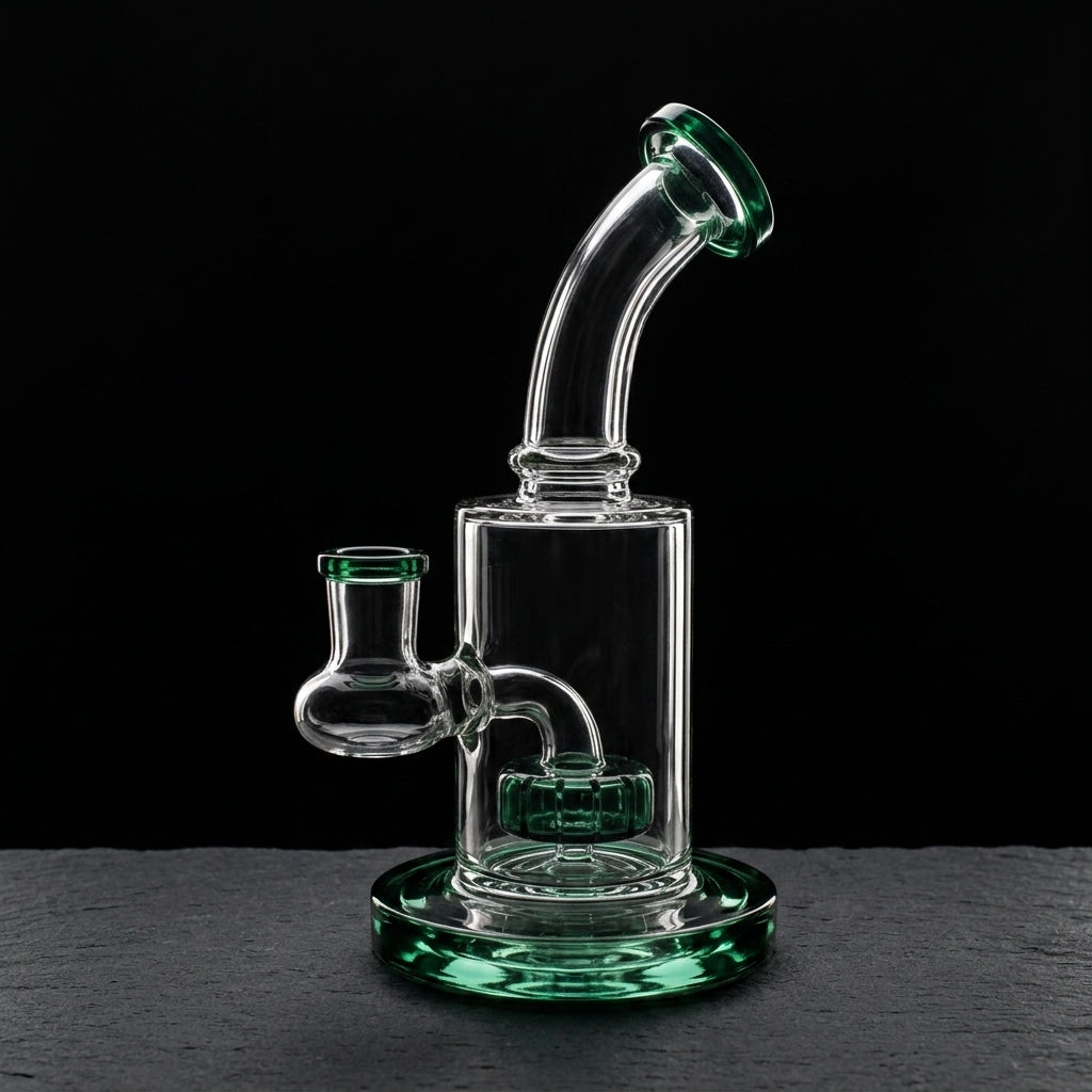 7.5" Encore Color Showerhead Footed Rig on dark slate surface - Oil Slick Pad