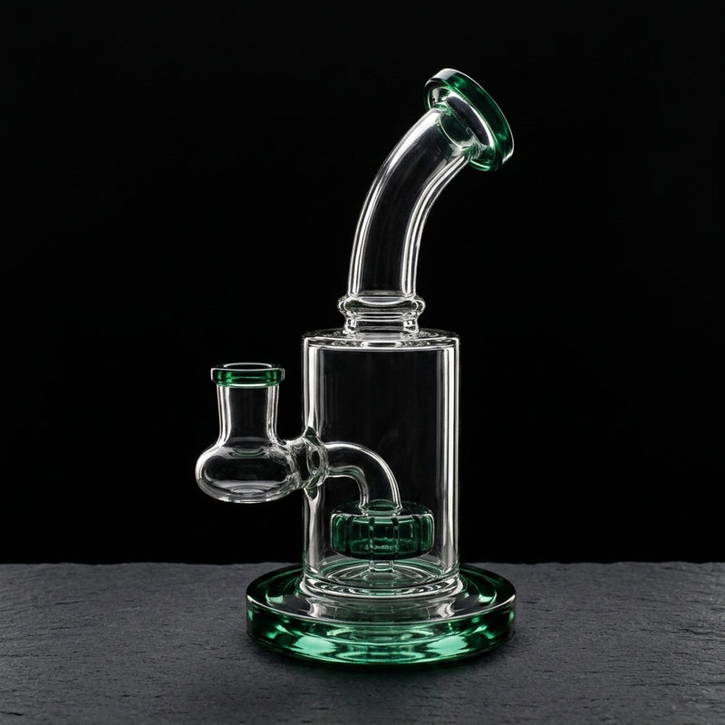 7.5" Encore Color Showerhead Footed Rig on dark slate surface - Oil Slick Pad