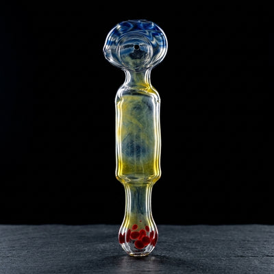 7" Color Dot Mouth w/ Spiral Line Head Fume Hand Pipe on dark slate surface - Oil Slick Pad