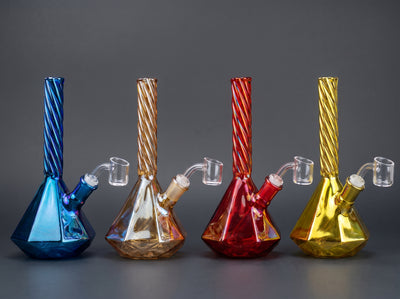 7″ Iridescent Twist Neck Geometric Rig in Blue, Amber, Red and Yellow