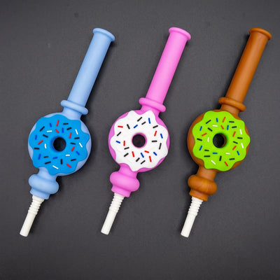 7″ Silicone Donut Nectar Straw W/ Ceramic Tip in Blue, Pink and Brown/Green