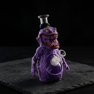 8.6" Mutated eggplant water pipe on dark slate surface - Oil Slick Pad