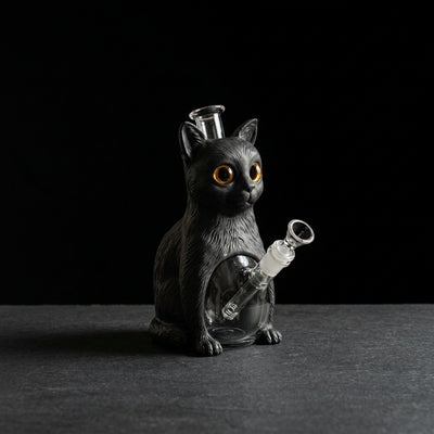 8.8'' Black tabby cat water pipe on dark slate surface - Oil Slick Pad
