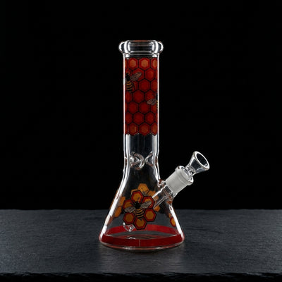 8" Bee & Honeycomb Decal Beaker on dark slate surface - Oil Slick Pad