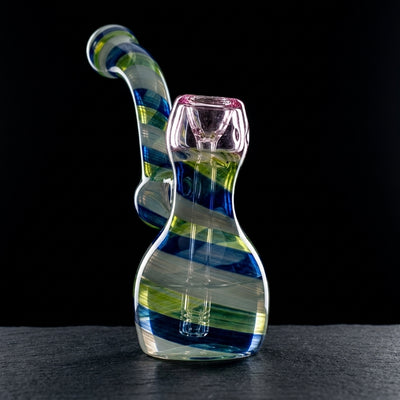 8" Blue & Green Swirl Color Accent Bowl Bubbler on dark slate surface - Oil Slick Pad