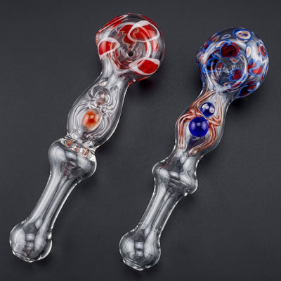 8" Clear Long Hand Pipe w/ Color Accent & Spider in Red and Blue