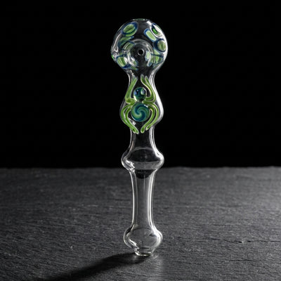 8" Clear Long Hand Pipe w/ Color Accent & Spider on dark slate surface - Oil Slick Pad