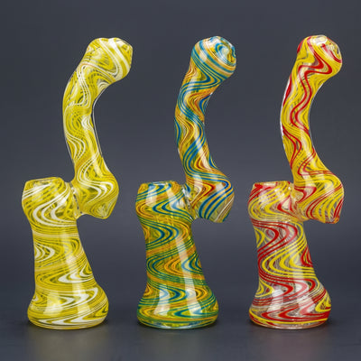 8" Fume Two-Tone Color Line Reversal Bubbler in Yellow, Blue and Red
