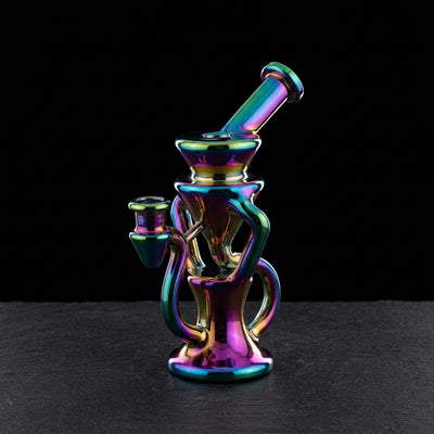 8" Iridescent Dual Uptake Recycler Rig on dark slate surface - Oil Slick Pad