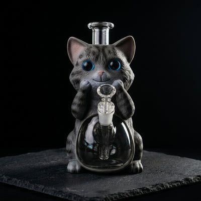 9.4" Shorthair cat water pipe on dark slate surface - Oil Slick Pad