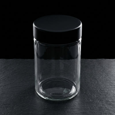Oil Slick 10oz Child-Resistant Glass Jars with Black Caps - 14 Grams (1/2 Ounce) Capacity - angle shot