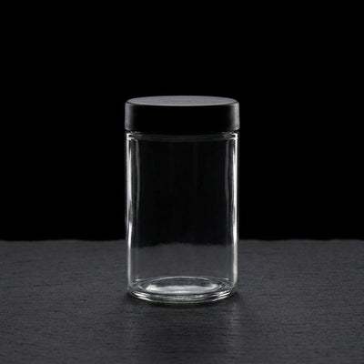 Oil Slick 10oz Child-Resistant Glass Jars with Black Caps - 14 Grams (1/2 Ounce) Capacity - close-up view