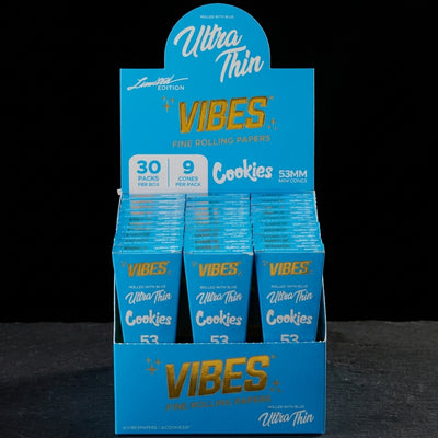 Vibes X Cookies 53mm Ultra Thin Cones – 9 / 30 Display Box – Blue — Oil Slick editorial product photo