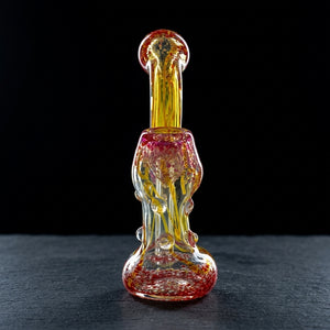 5.5" Frit Fume & Squiggly Line w/ Clear Dots Body Bubbler on dark slate surface - Oil Slick Pad