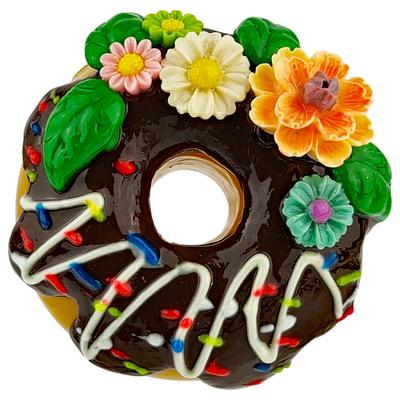 3″ GLASS DONUT W/ CERAMIC FLOWERS HAND PIPE