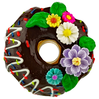 3″ GLASS DONUT W/ CERAMIC FLOWERS HAND PIPE