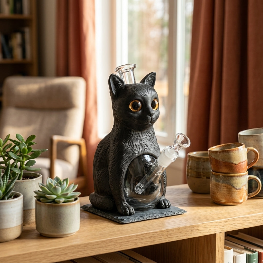 8.8'' Black tabby cat water pipe - product photo