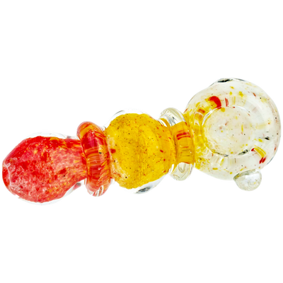 4" Yellow, Red, & White Frit Maria Orb Body Hand Pipe - close-up view