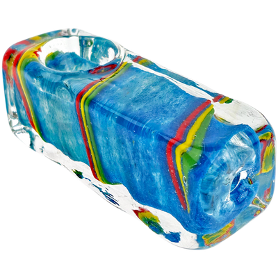 4" Blue Frit w/ Rasta Line Swirl Square Hand Pipe - detail view