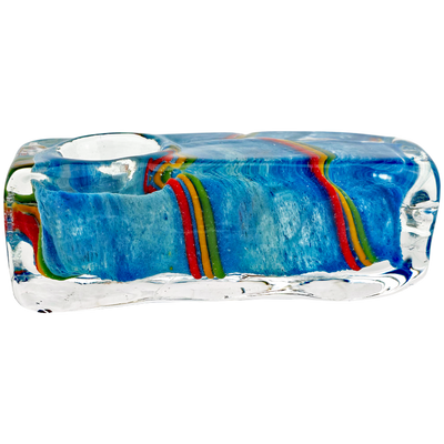 4" Blue Frit w/ Rasta Line Swirl Square Hand Pipe - lifestyle shot