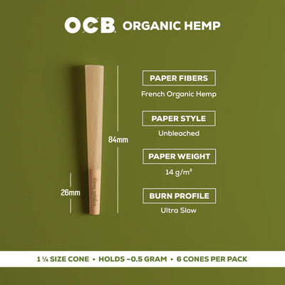 OCB Organic Hemp 1 ¼ Cones - 6 Count / 24 Packs - scale reference