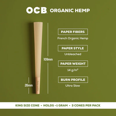 OCB Organic Hemp King Cones - 3 Count / 24 Packs - scale reference