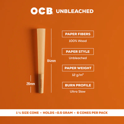 OCB Unbleached 1 ¼ Cones – 6 Count / 24 Packs - scale reference