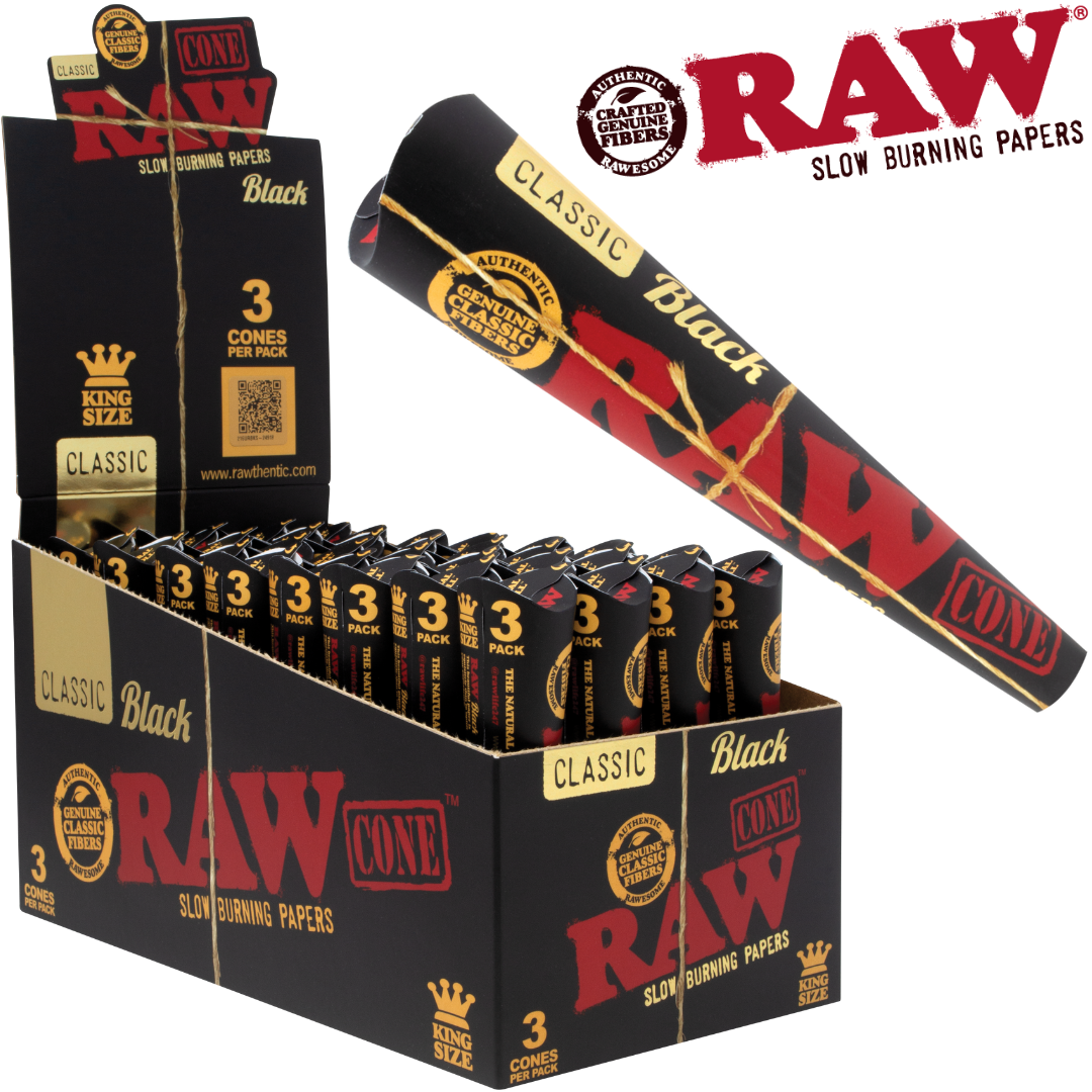 RAW BLACK 3PK KING SIZE PRE-ROLL CONES 32BX