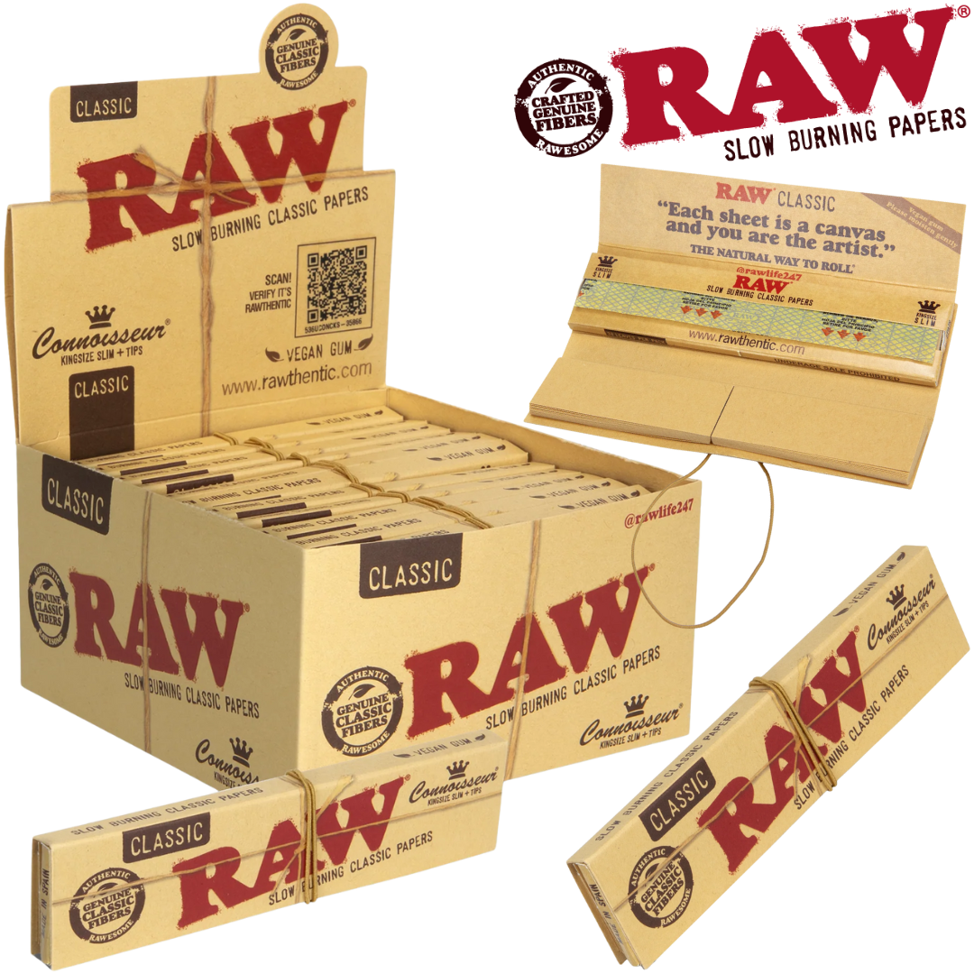 RAW CLASSIC KING SIZE CONNOISSEUR WITH TIPS ROLLING PAPERS 24BX