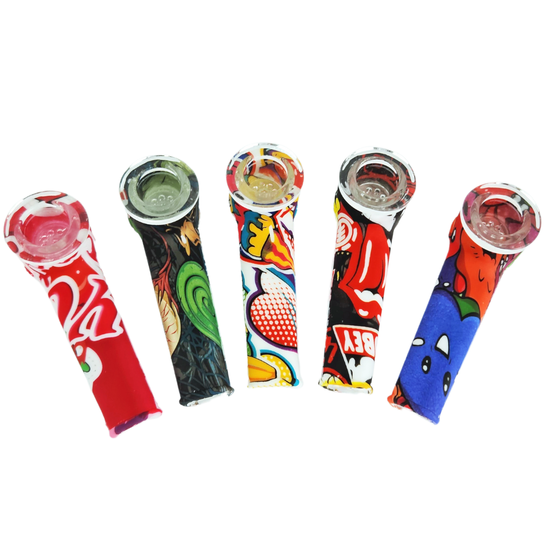 3.5″ SILICONE DECAL HAND PIPE W/ GLASS BOWL