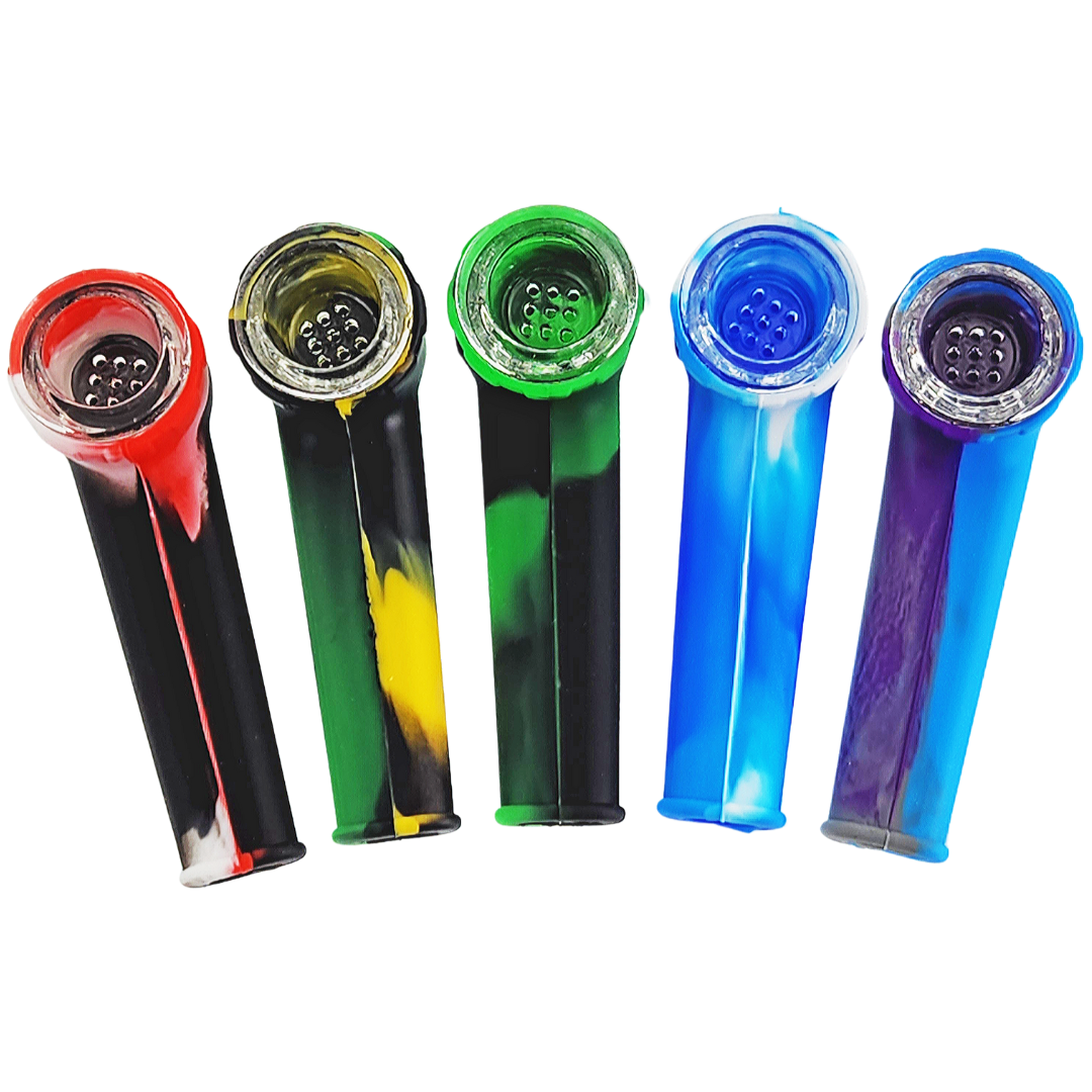 3.5″ SILICONE HAND PIPE W/ GLASS FLOWER BOWL