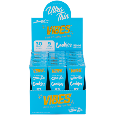 VIBES X COOKIES 53MM ULTRA THIN CONES – 9 / 30 DISPLAY BOX – BLUE by VIBES