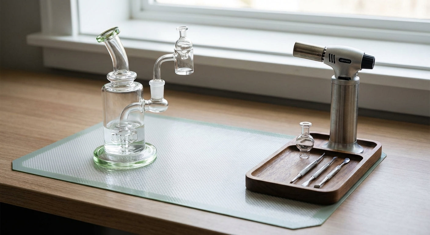 A tidy dab station with a dab rig on a silicone dab mat, torch parked upright, dab tools and carb cap arranged neatly