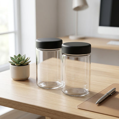 Oil Slick 18oz Child-Resistant Glass Jars with Black Caps - 28 Grams (1 Ounce) Capacity - lifestyle product photography