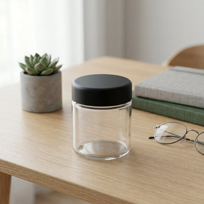 3oz Glass Jar with Black Child-Resistant Lid - lifestyle product photography