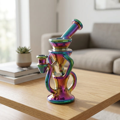 8" Iridescent Dual Uptake Recycler Rig - lifestyle product photography