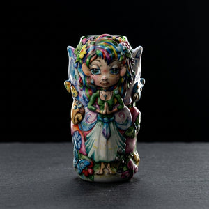 Linda Biggs Fairy Hand Pipe in Rolling Case Box Set on dark slate surface - Oil Slick Pad