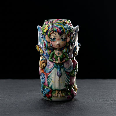 Linda Biggs Fairy Hand Pipe in Rolling Case Box Set on dark slate surface - Oil Slick Pad