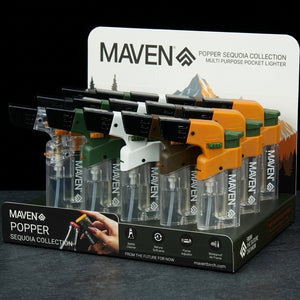 MAVEN POPPER SEQUOIA COLLECTION TRANSPARENT TORCH DISPLAY – 15-Pack on dark slate surface - Oil Slick Pad