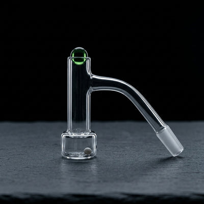 Only Quartz Hollow Foot Auto Spinner Banger - 14 M 90° on dark slate surface - Oil Slick Pad