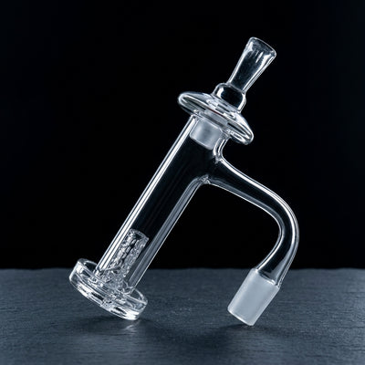 Only Quartz Tower Slurper Banger - 14 M 45° on dark slate surface - Oil Slick Pad