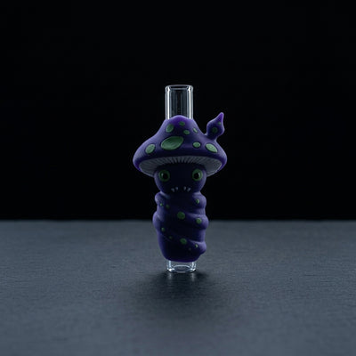 Purple mushroom straight tube glass pipe on dark slate surface - Oil Slick Pad