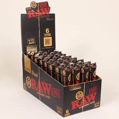 RAW Black Classic 1 ¼ 6pk Cones 32bx, light background