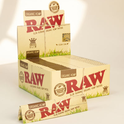 RAW Organic Hemp King Size Slim Rolling Papers - Bulk Case (50 Packs, 32 Leaves Each), light background