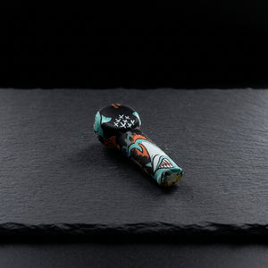 3.5″ Silicone Decal Hand Pipe w/ Metal Bowl & Lid on dark slate surface - Oil Slick Pad