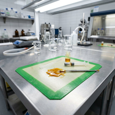 Oil Slick Pad - Professional extraction lab setup with glass tools and amber concentrate