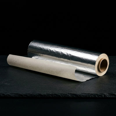 Oil Slick Wrap - Editorial product shot, partially unrolled showing foil and parchment